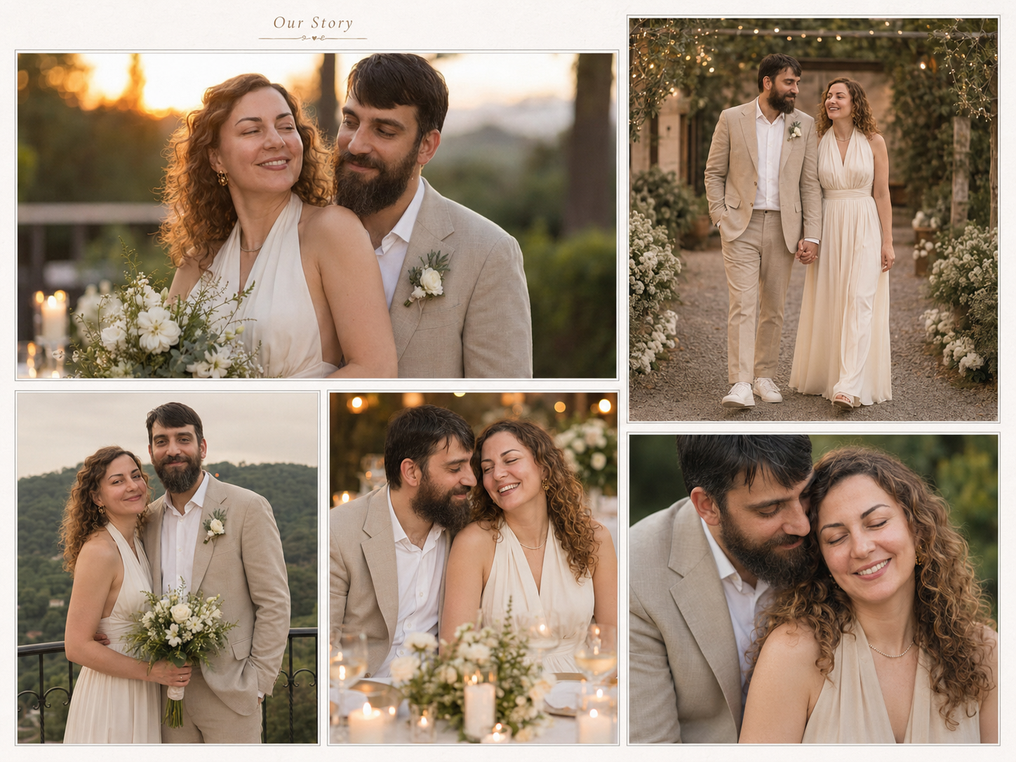 Wedding album page Our Story: Daniel and Lyubov at sunset, walking among flowers, on a hillside, at dinner, and in a close portrait.