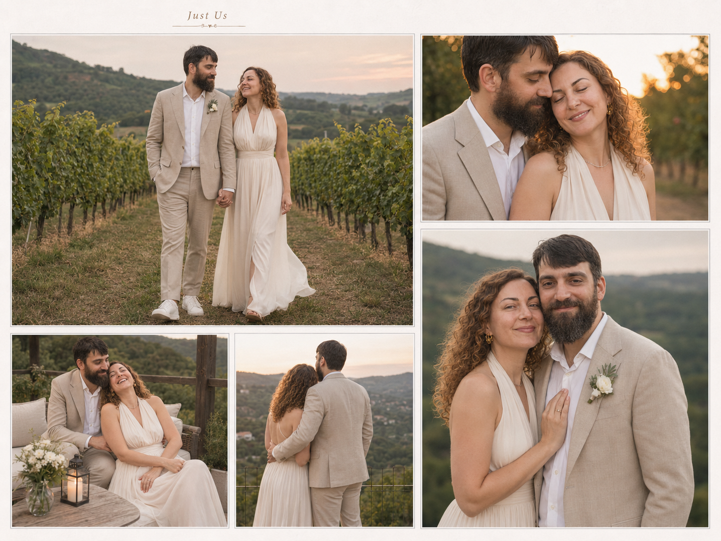 Wedding album page Just Us: Daniel and Lyubov in a vineyard, in an embrace, seated outdoors, looking over a valley, and standing together.