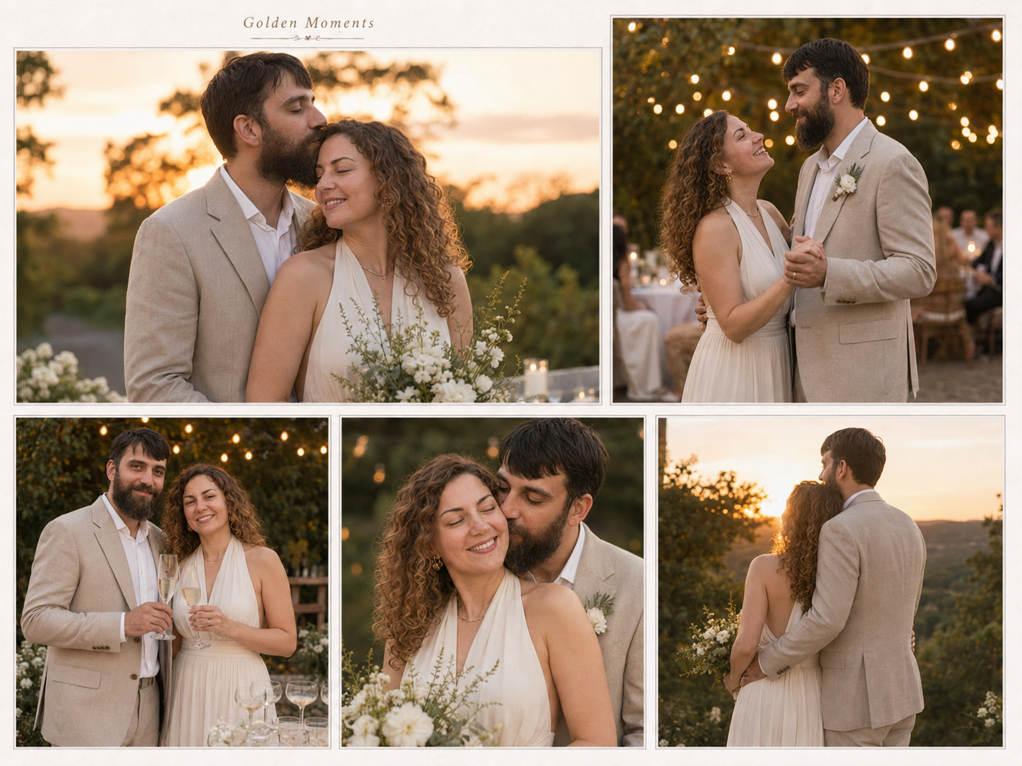 Wedding album page Golden Moments: a forehead kiss at sunset, dancing under lights, a toast, a cheek kiss, and a view over the hills.