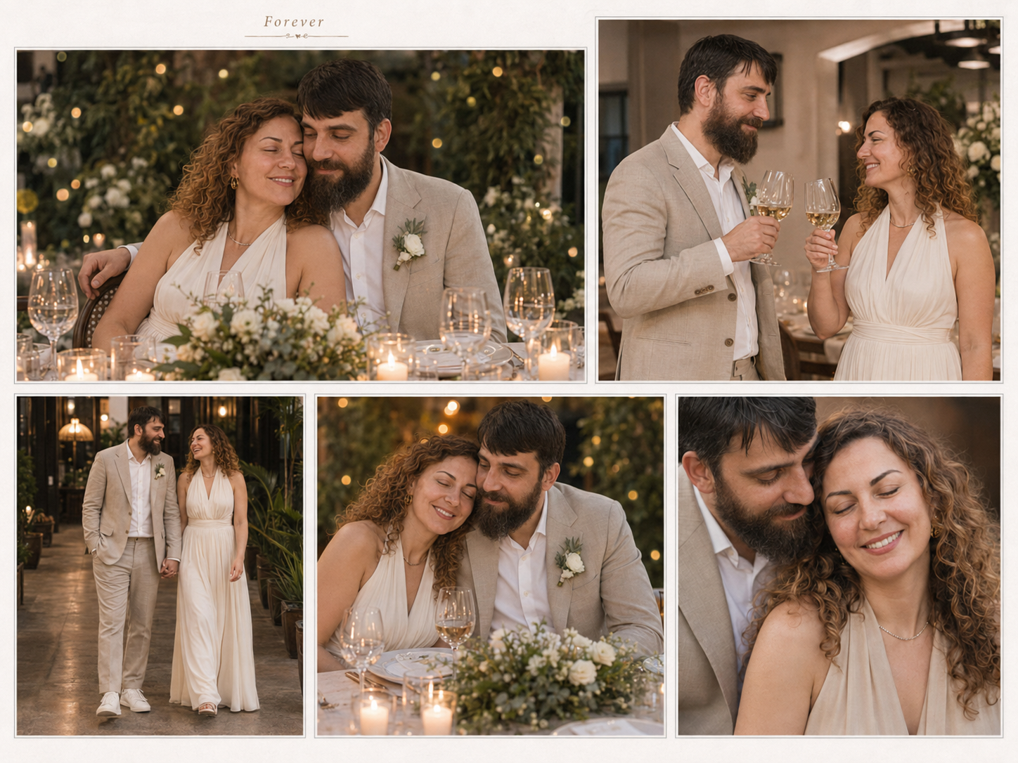 Wedding album page Forever: dinner by candlelight, a toast, walking the path, seated among flowers, and an intimate portrait.