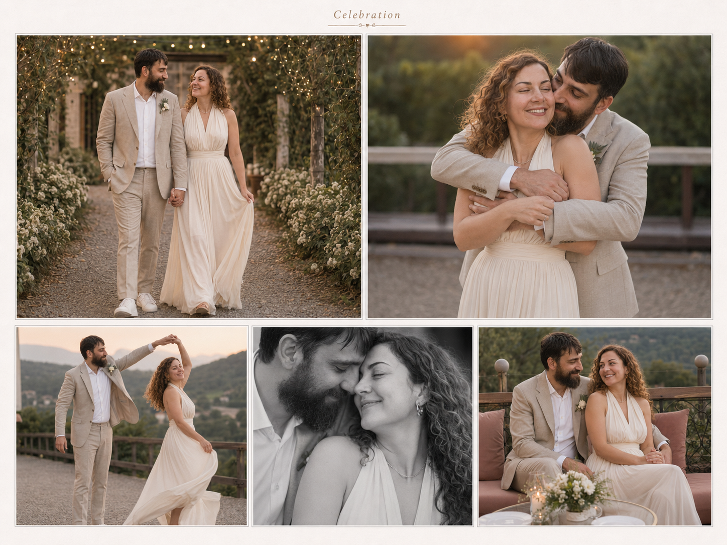 Wedding album page Celebration: walking under lights, an embrace, dancing at dusk, a black-and-white close portrait, and seated outdoors.